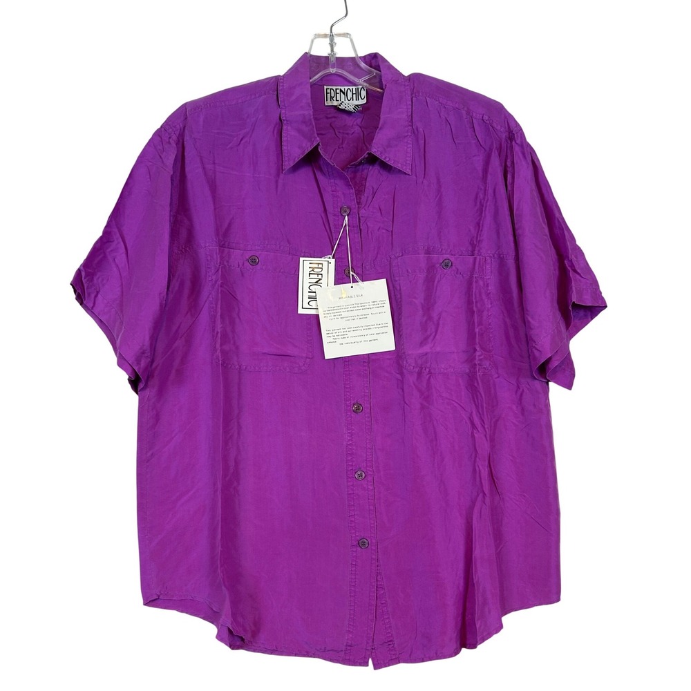 NWT Vintage Womens Purple Washable Silk Short Sleeve Button Up Shirt Frenchic Lg